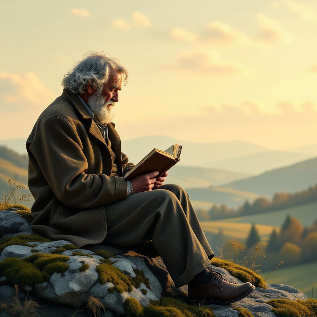 Elderly Man Contemplates Dreamlike Landscape