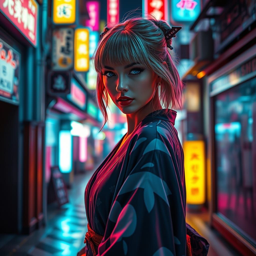 Taylor Swift Lookalike as a cyberpunk samurai, stands in a n...