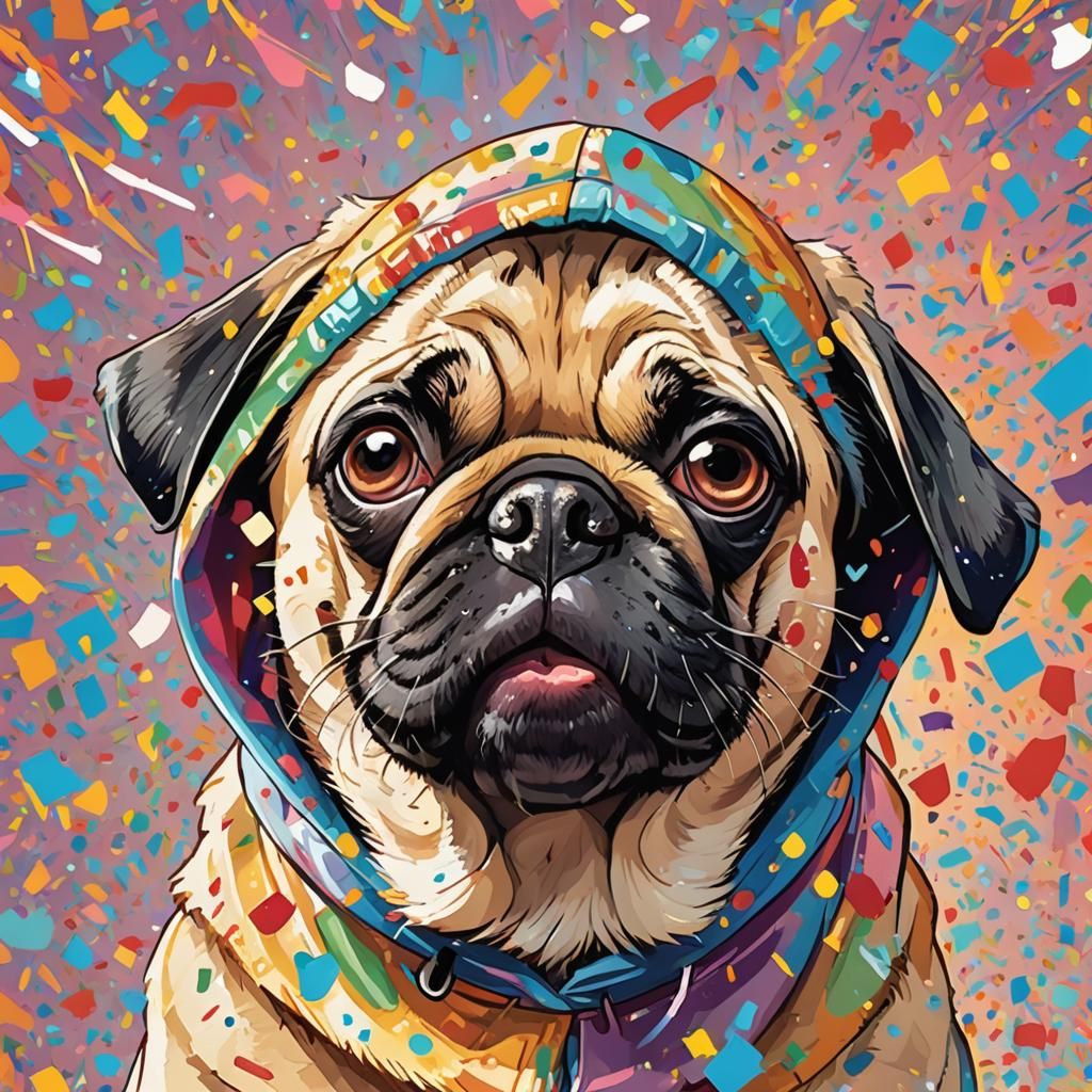 Playful Pug in Anime Style with Confetti