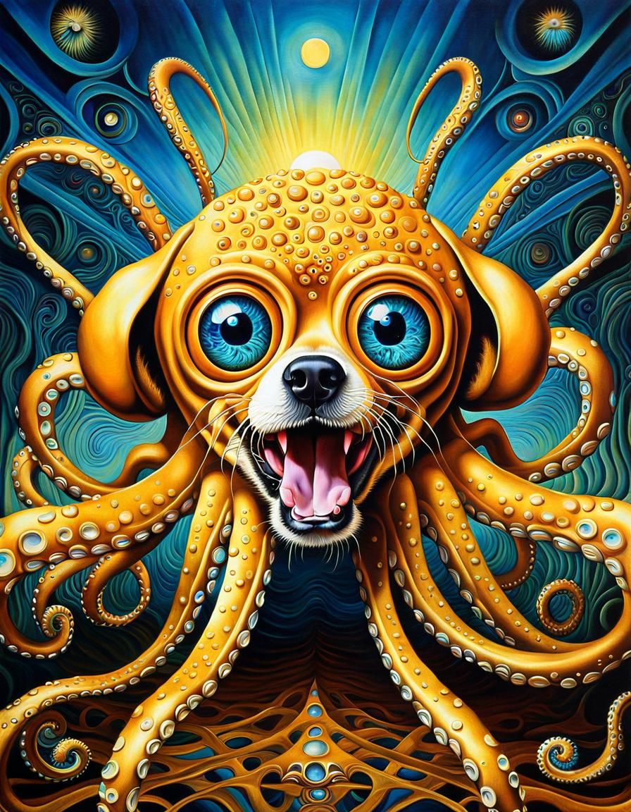 Surreal Octopus-Spider-Dog Dreamscape in Art Nouveau Style