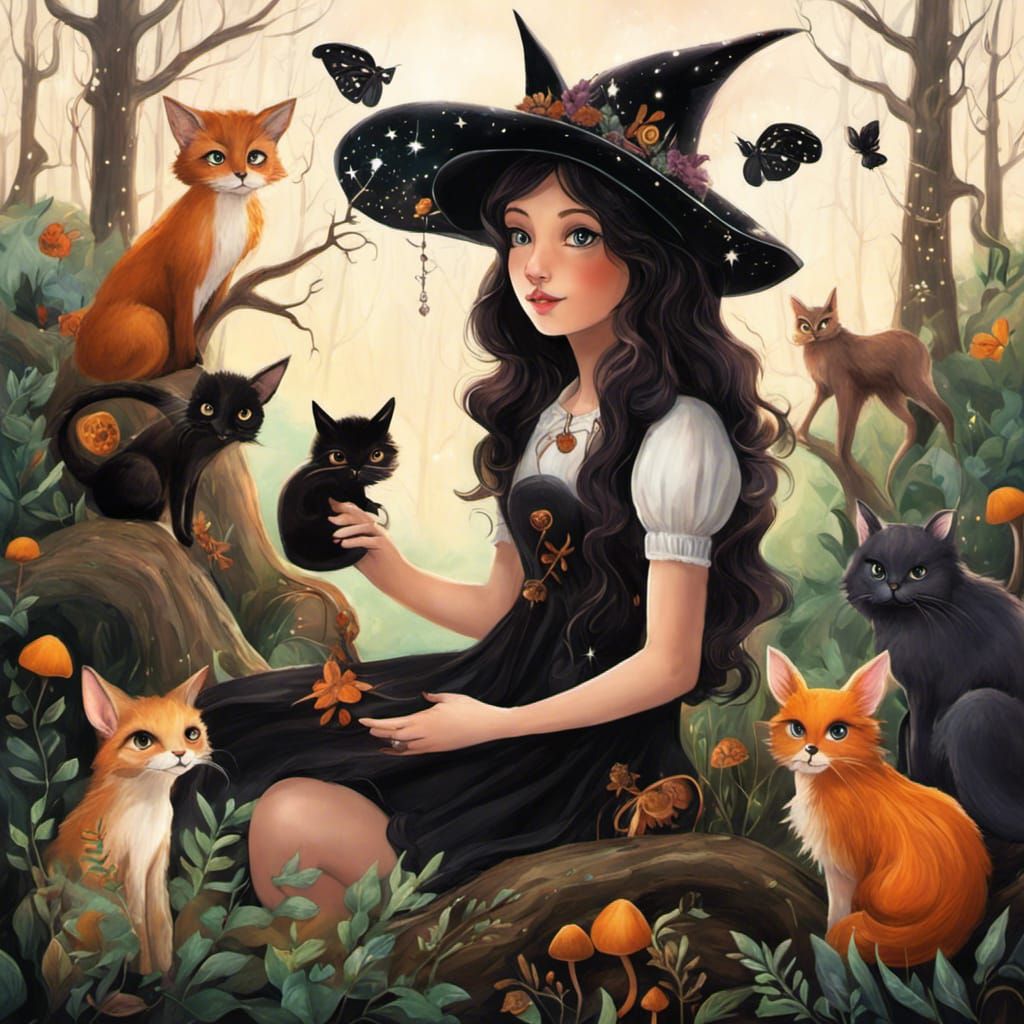 Magical Forest Scene with Witch, Cat, and Glowy Mushrooms