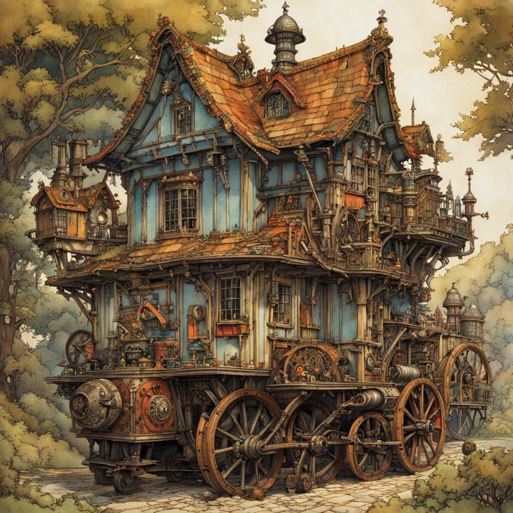 Steampunk Cottage on Wheels: Rackham-esque Fantasy