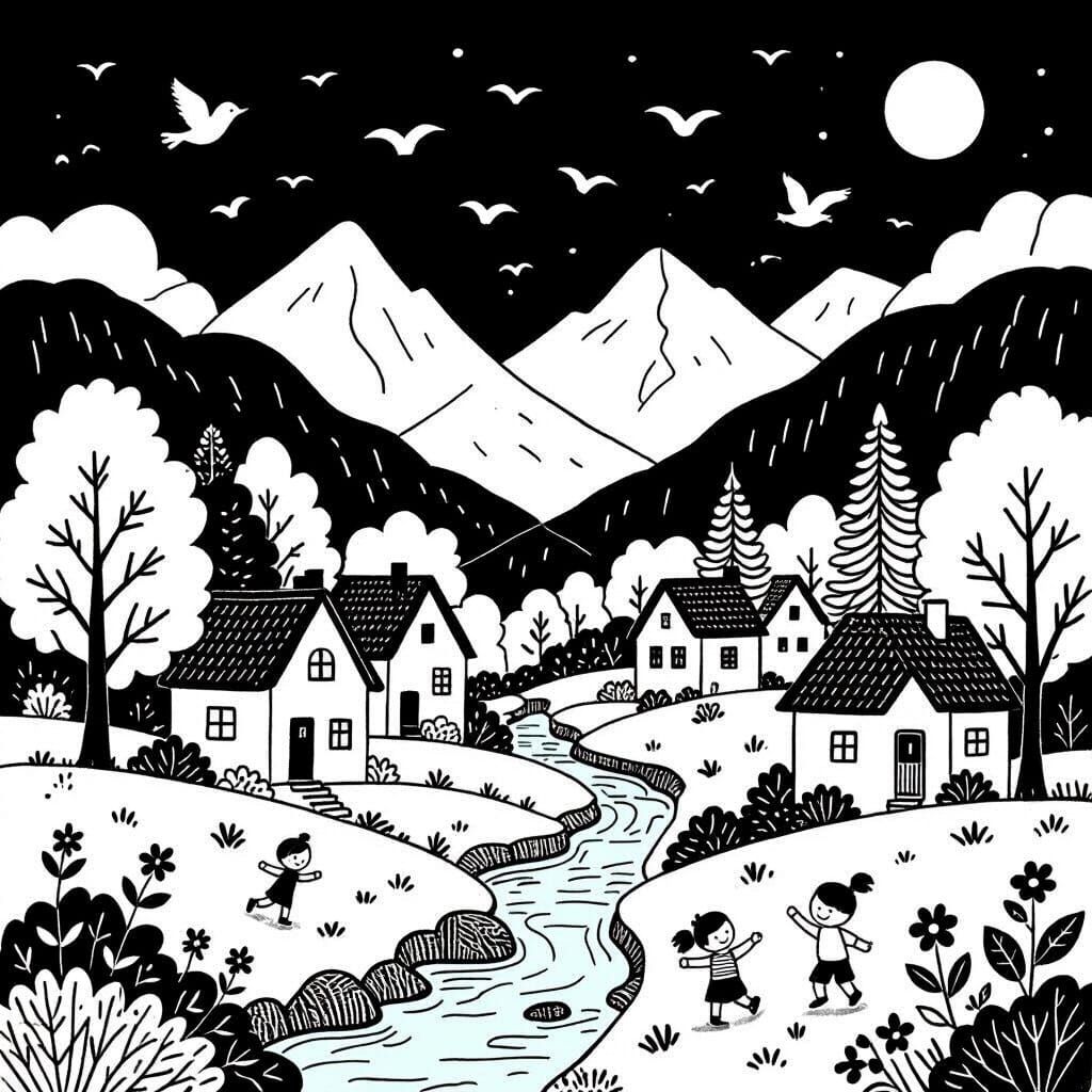 Peaceful Village Line Art Drawing