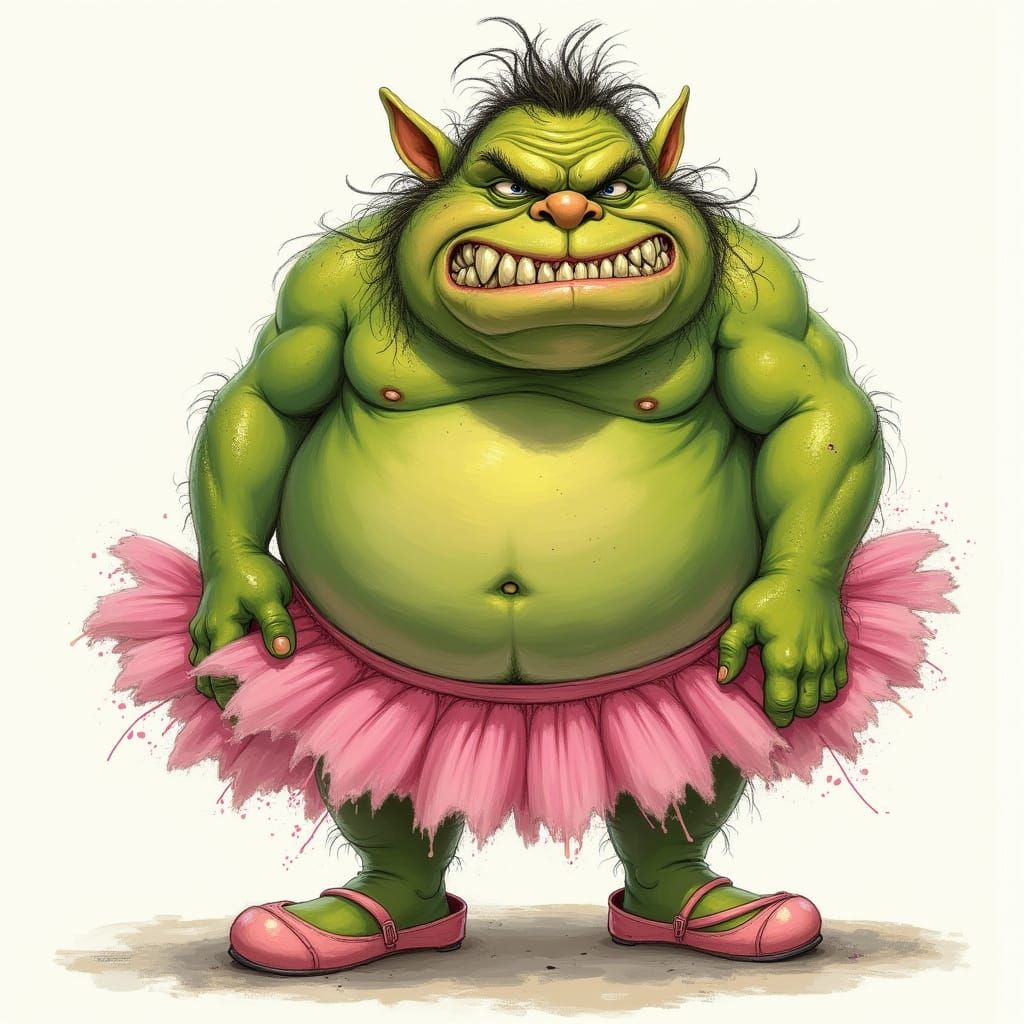 Whimsical Ogre in Pink Ballerina Tutu, Exaggerated Cartoon S...