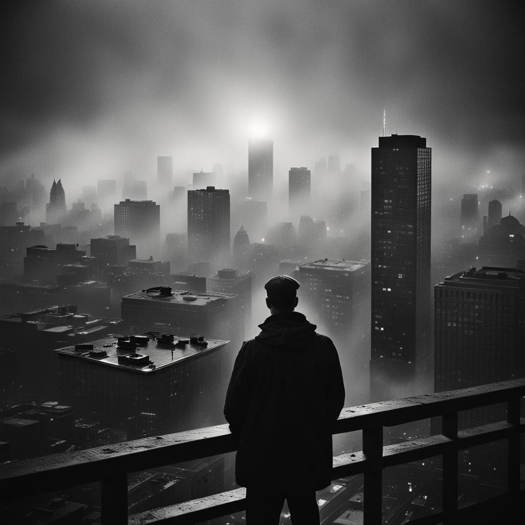 Urban Sunrise: High-Contrast Black and White Film Still