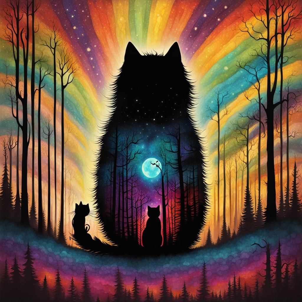 Psychedelic Cat Silhouette in Burtonesque Style