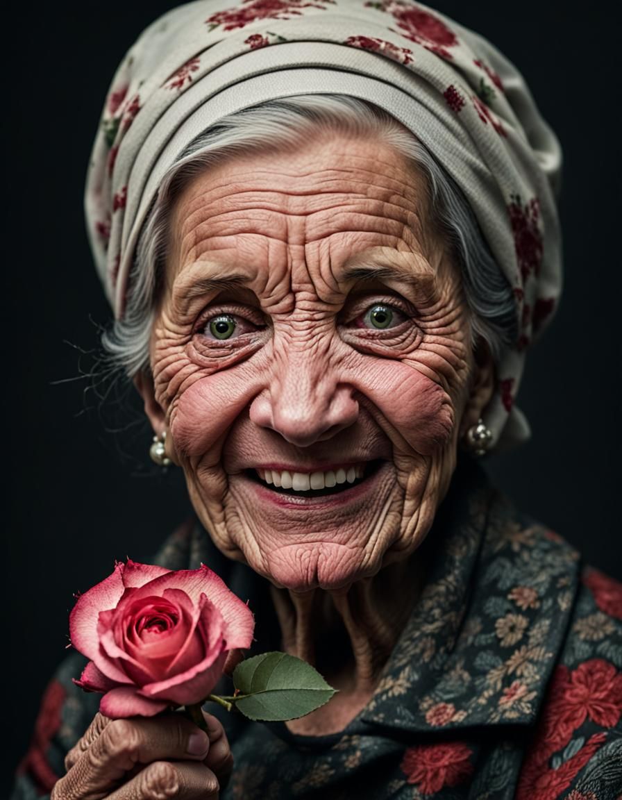 Smiling Elder Woman with Rose Portrait
