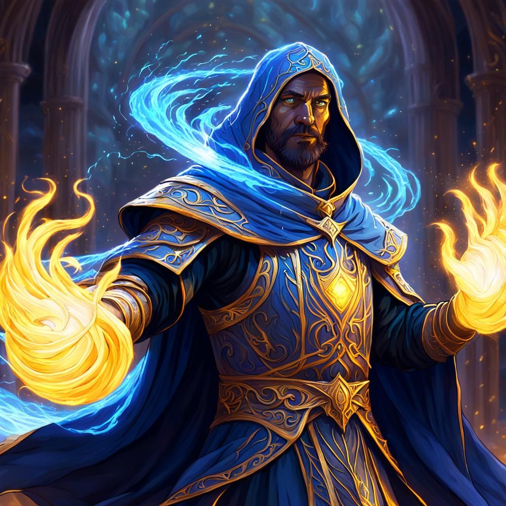 Fantasy Mage Conjuring Spell with Art Nouveau Details