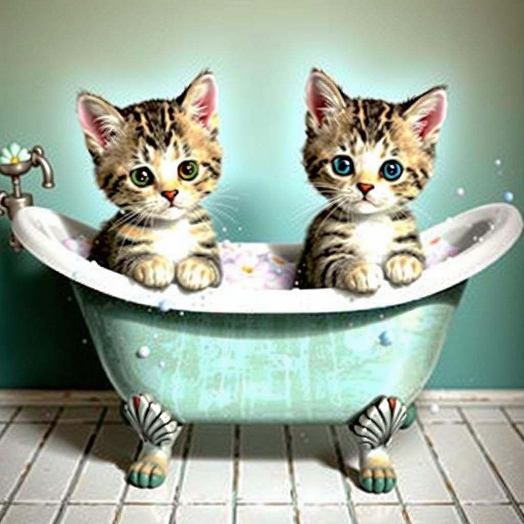 Playful Kittens Frolic in Antique Bathtub, Watercolor Style