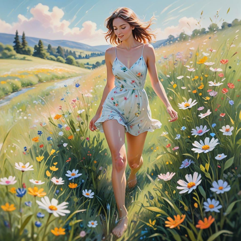 Impressionist Painting of Barefoot Run Through Grass