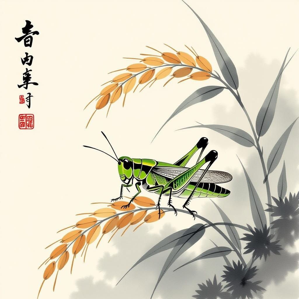 Grasshopper on grain. Chinese brush painting