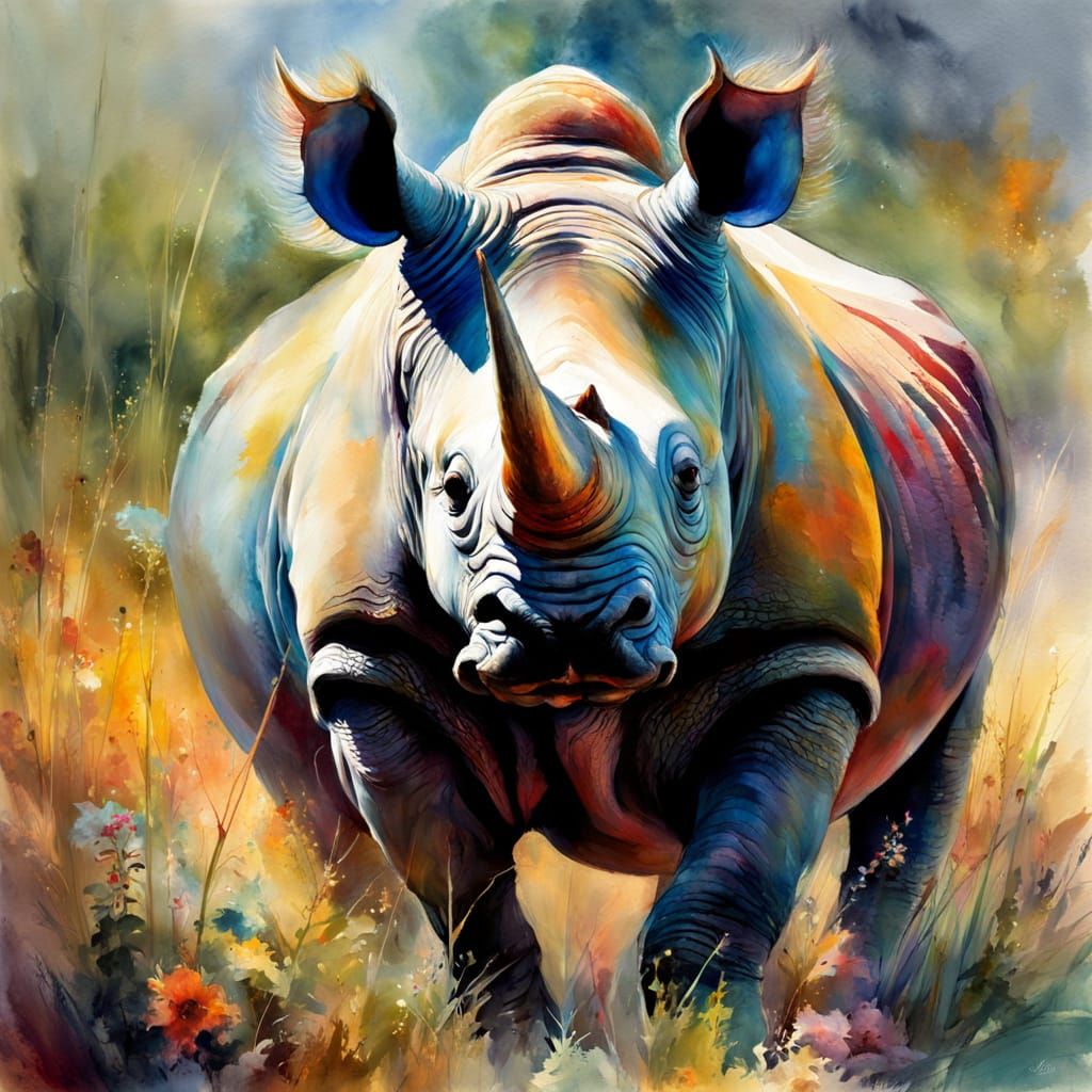 Majestic Rhino in Vibrant Fantasy Landscape
