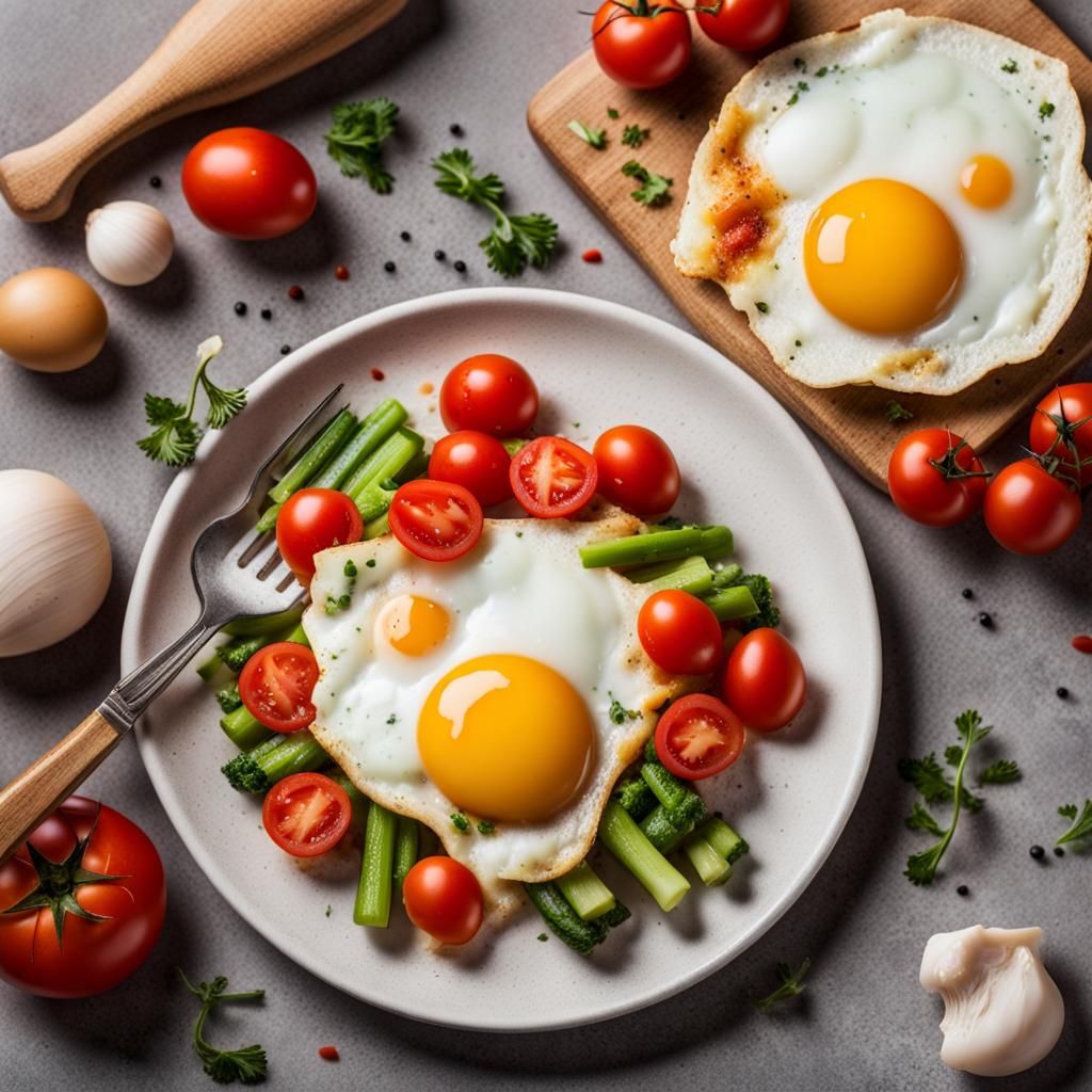 Fried Eggs with Vegetables and Chopped Tomatoes