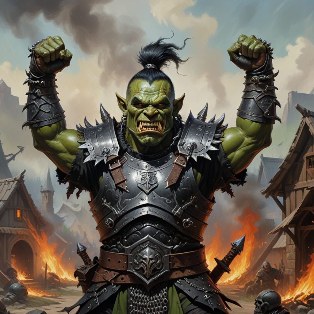 Triumphant Orc Warrior in Burning Village, Fantasy Art