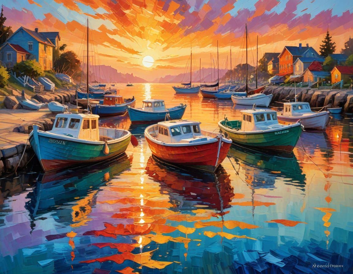 Coastal Harbor at Sunset in Impressionistic Style