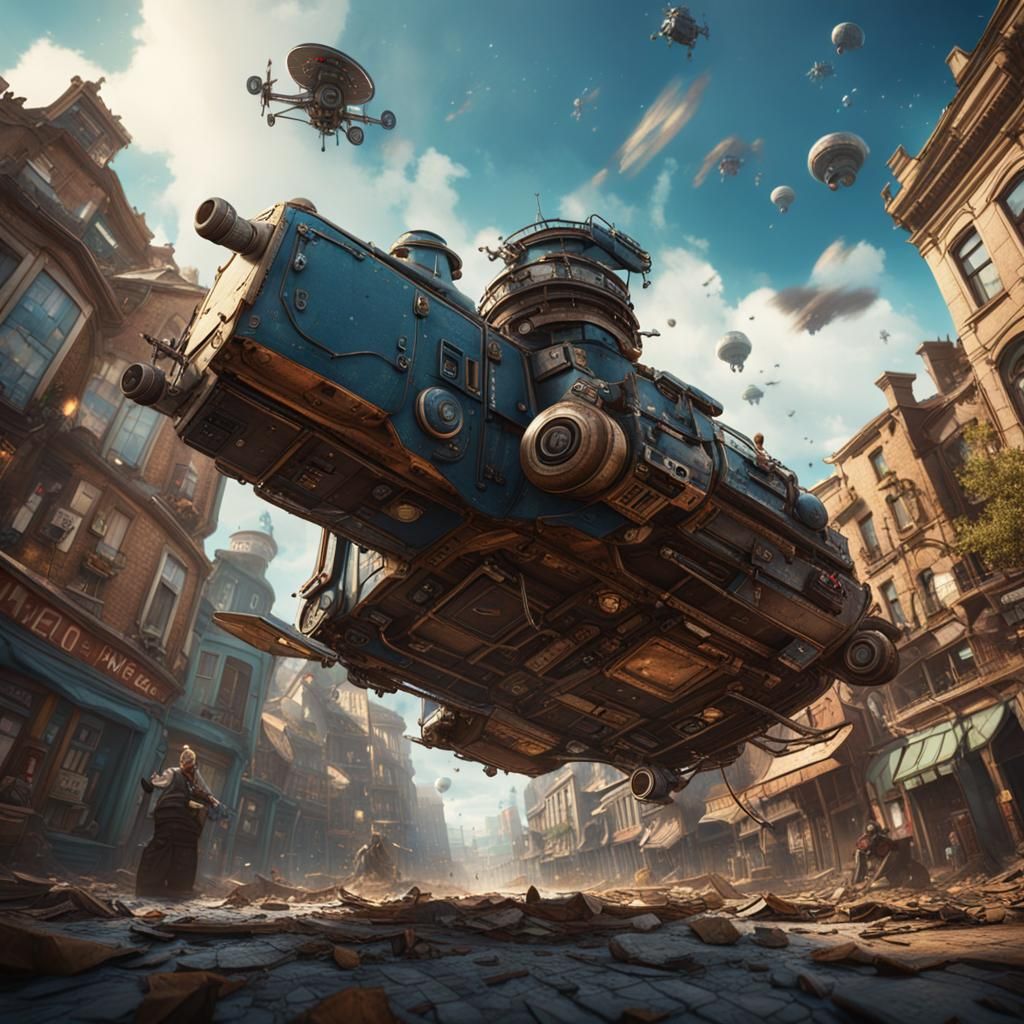 Fantastical Flying Machine Over Town: Detailed Matte Paintin...