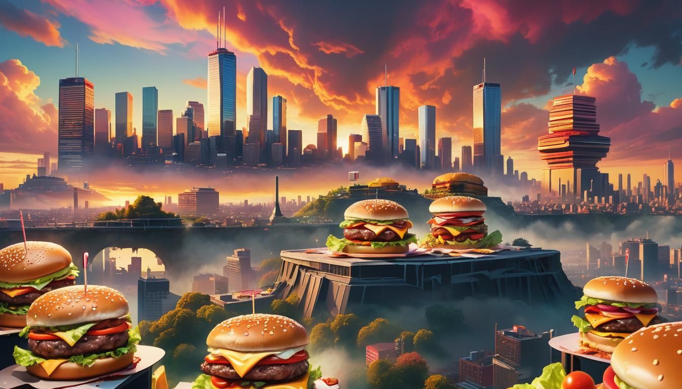 Giant Hamburgers Towering Over City at Sunset