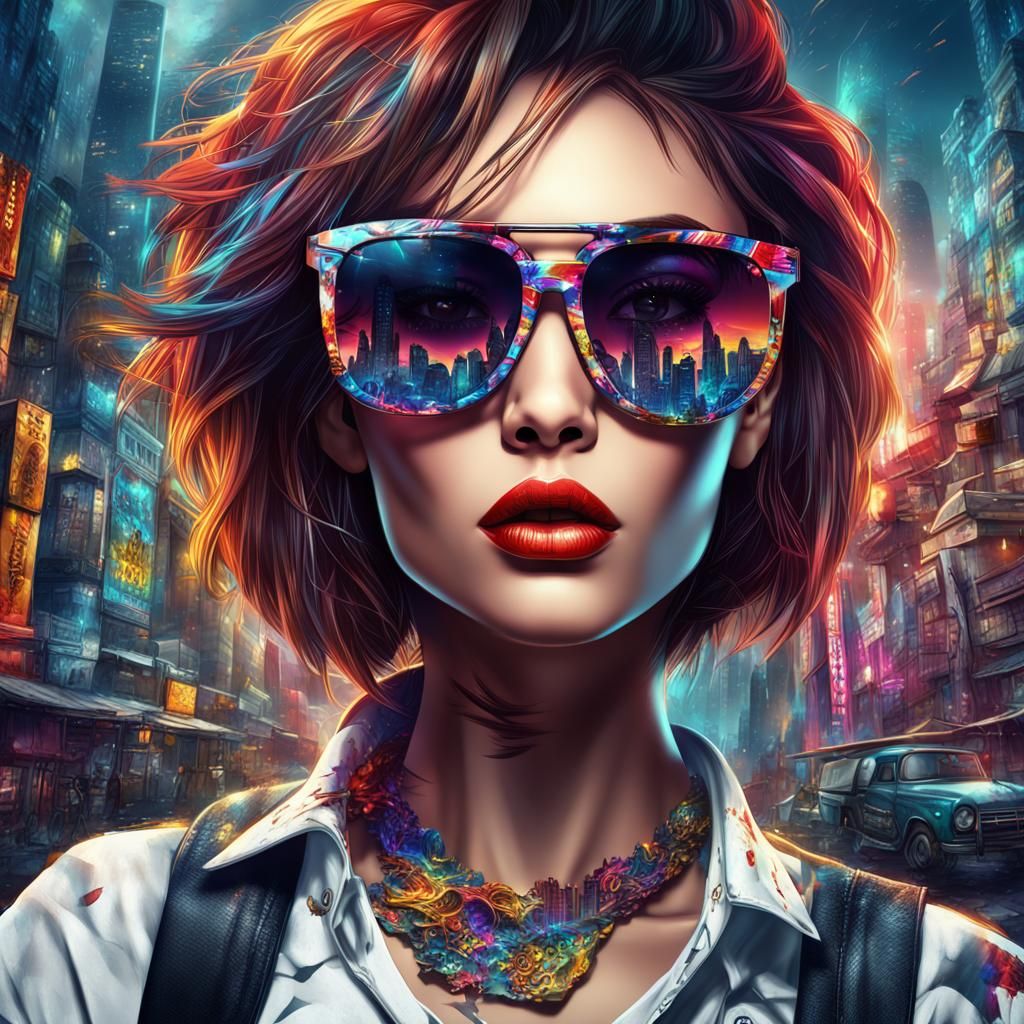 Stylish Woman with Sunglasses in Dark Fantasy Anime