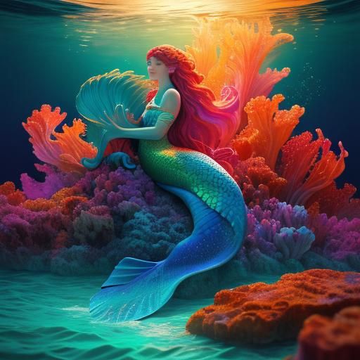 Astral Mermaid in Warm Ocean, Holographic Illustration