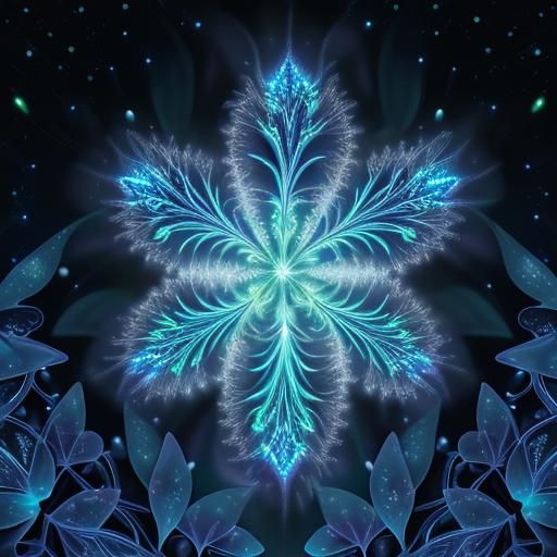 Bioluminescent Fractal Plants in Galactic Night Sky