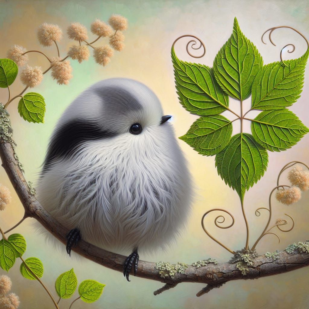 Fluffy Bird Perched on Branch in Impressionistic Style