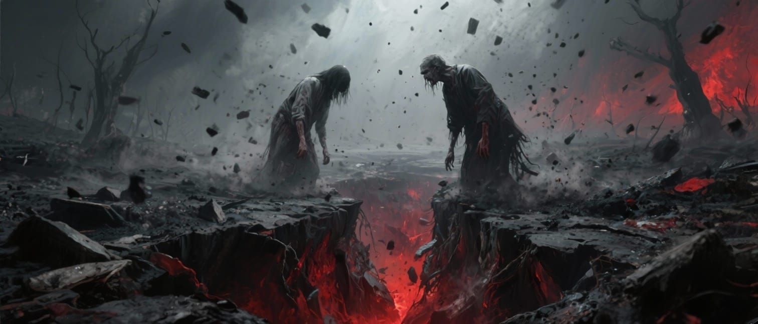 Ash-Covered Landscape with Collapsing Ground and Two Figures