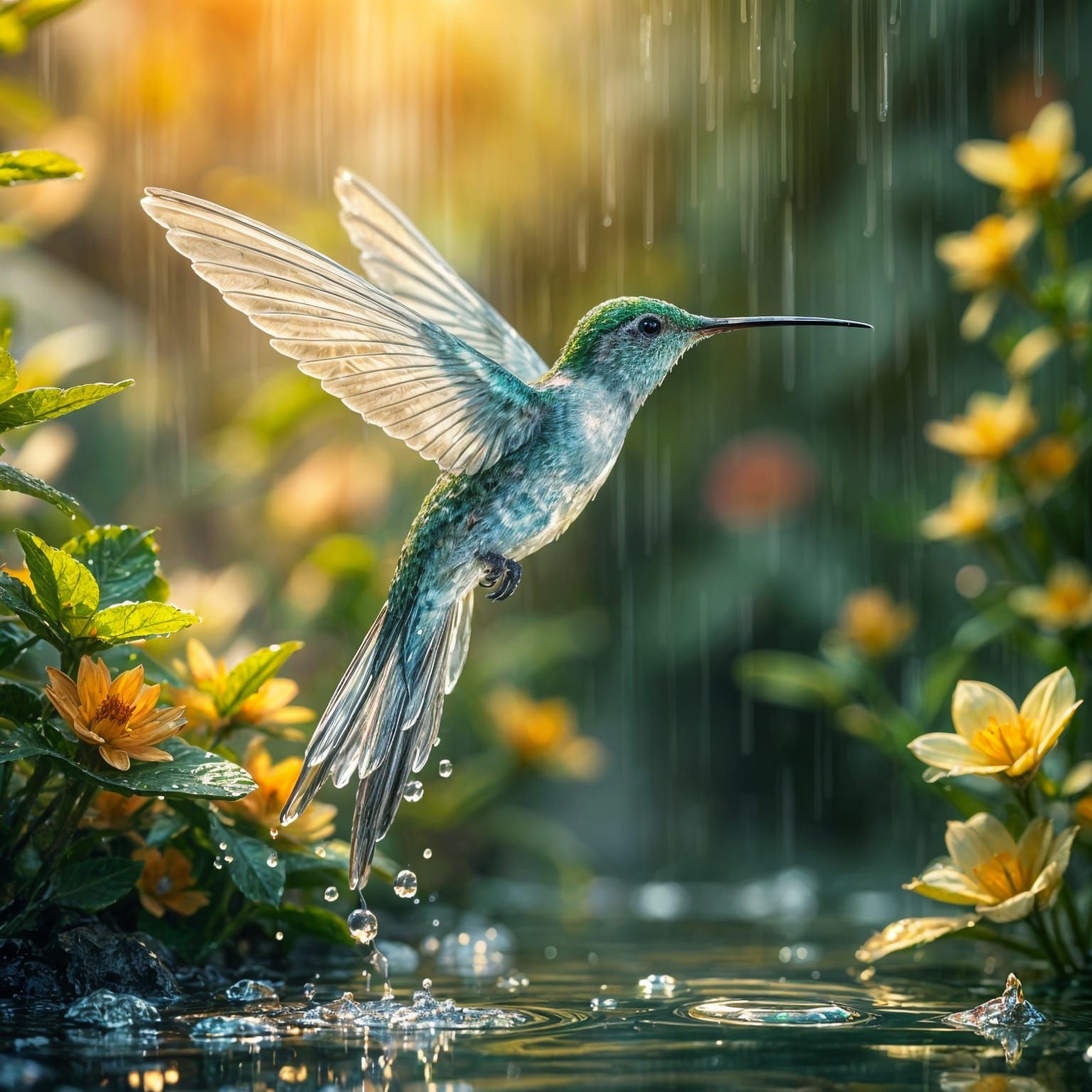 Water Hummingbird in Dripping Garden, Fantasy Art