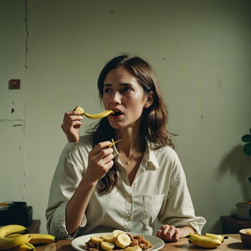 Woman Eats Banana in Cinematic Film Still