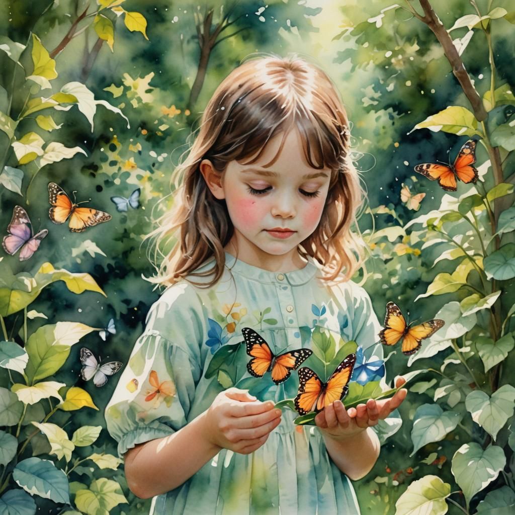 Watercolor: Child with Butterfly in Lush Garden