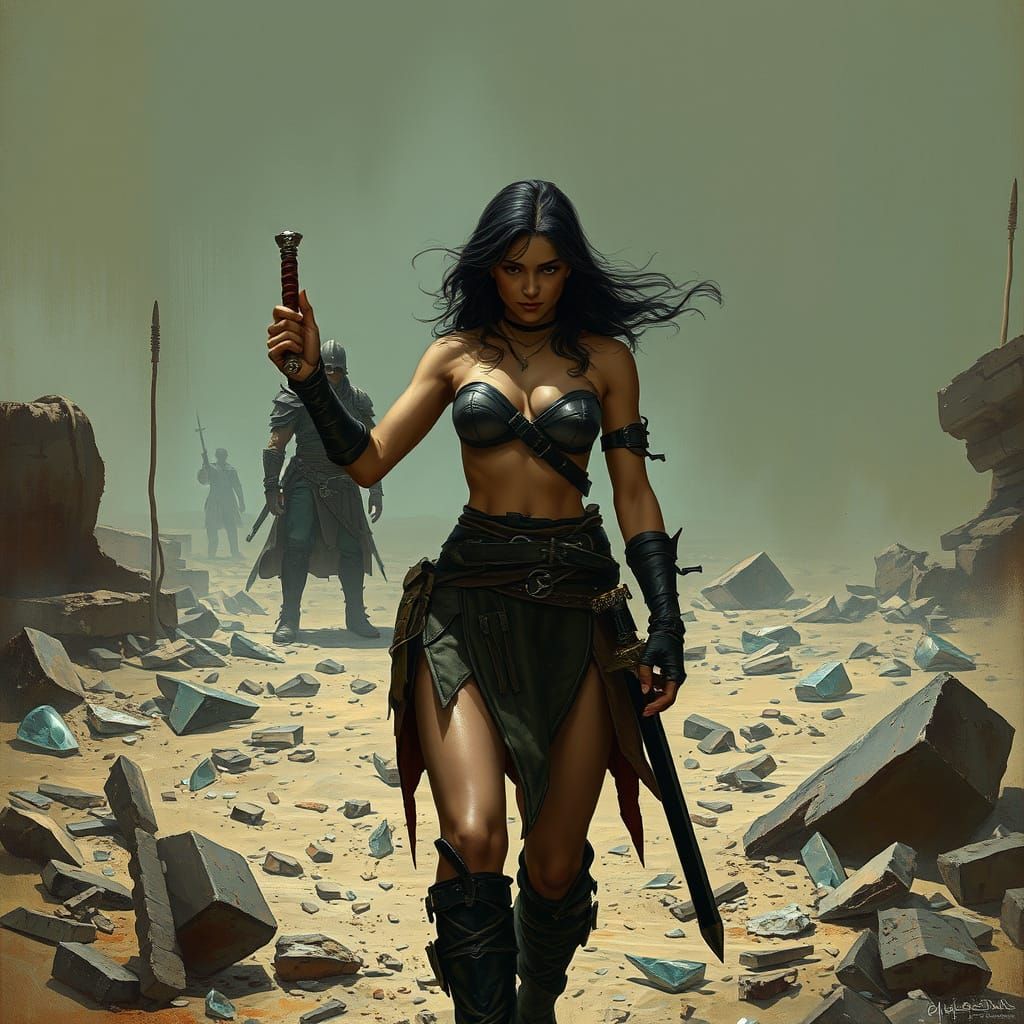 Bare-Chested Warrior in Dark Fantasy Landscape