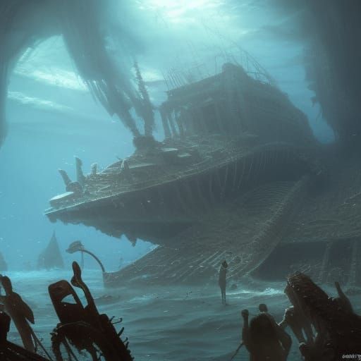 Underwater Shipwreck with Merfolk in Dark Fantasy Style