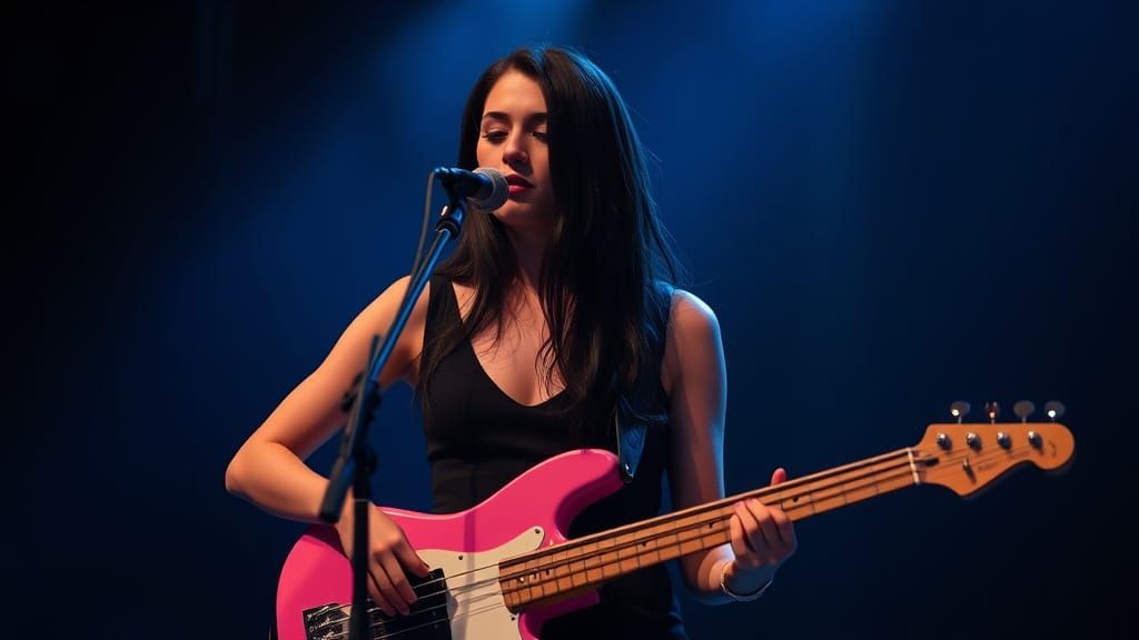 Woman Plays Bass Guitar on Dimly Lit Stage