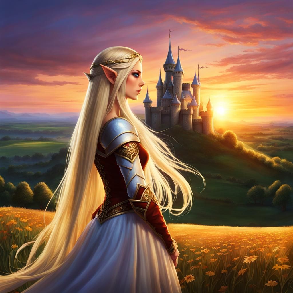 Blonde Elf Princess at Sunset Fantasy Castle