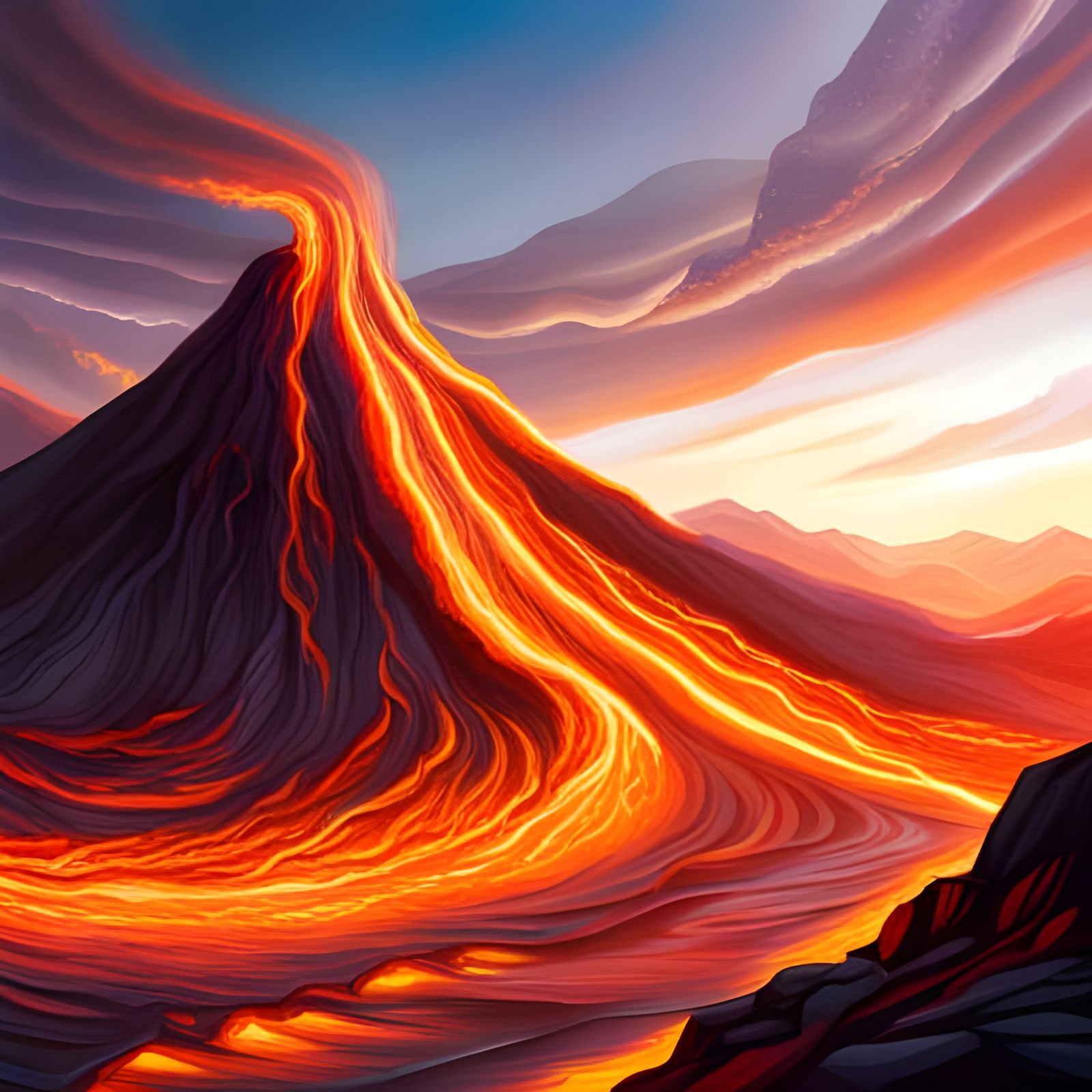 Volcano and Lava Rivers in Digital Art Style