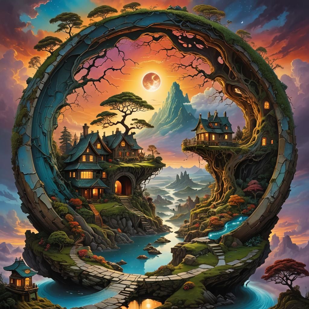 Surreal Yin-Yang Stargate Scene in Vibrant Fantasy Style