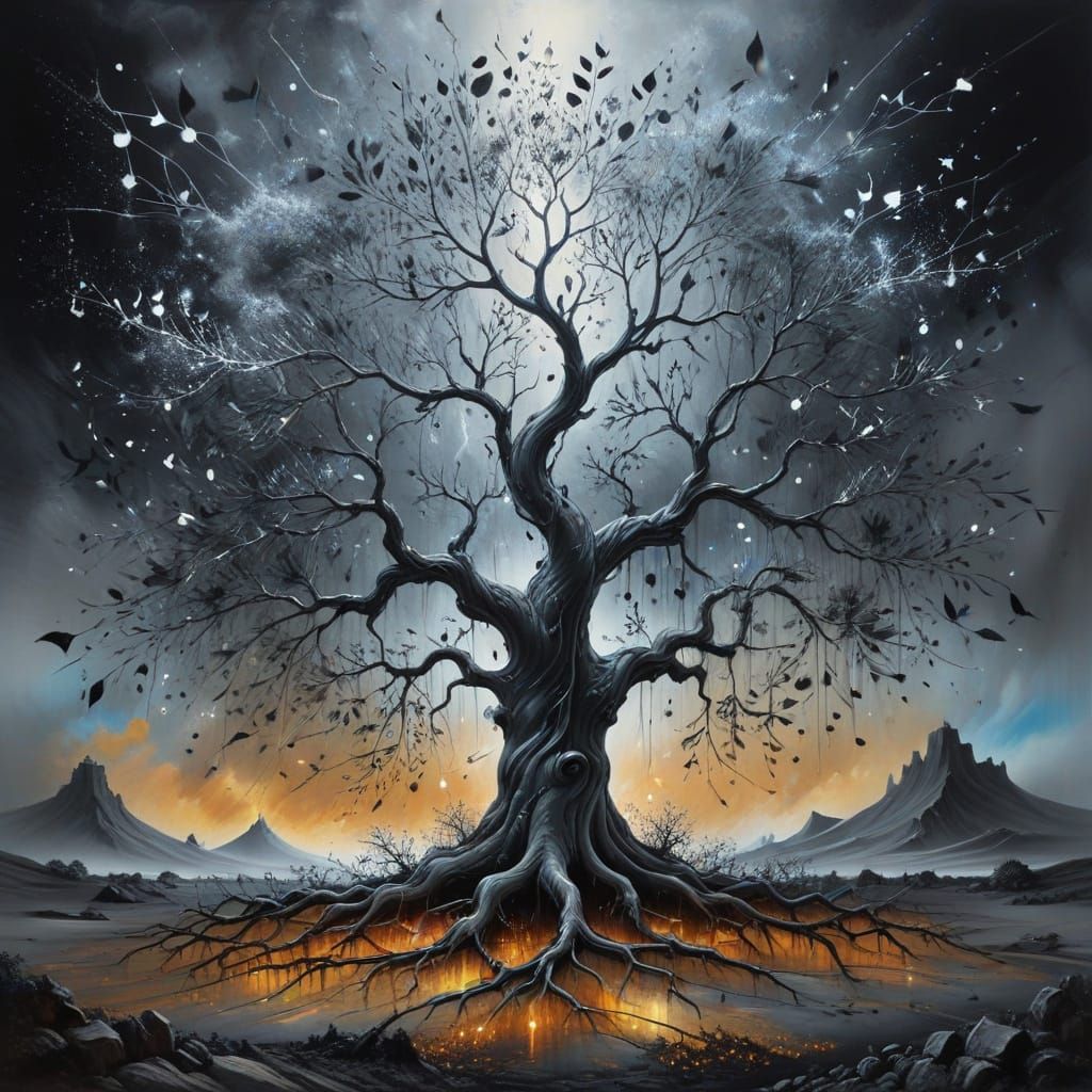 Surreal Charcoal Drawing of a Magical Tree