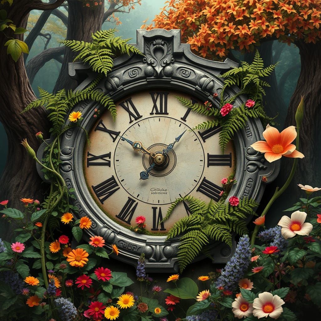 Ancient, Weathered Clock in a Lush, Vibrant Environment