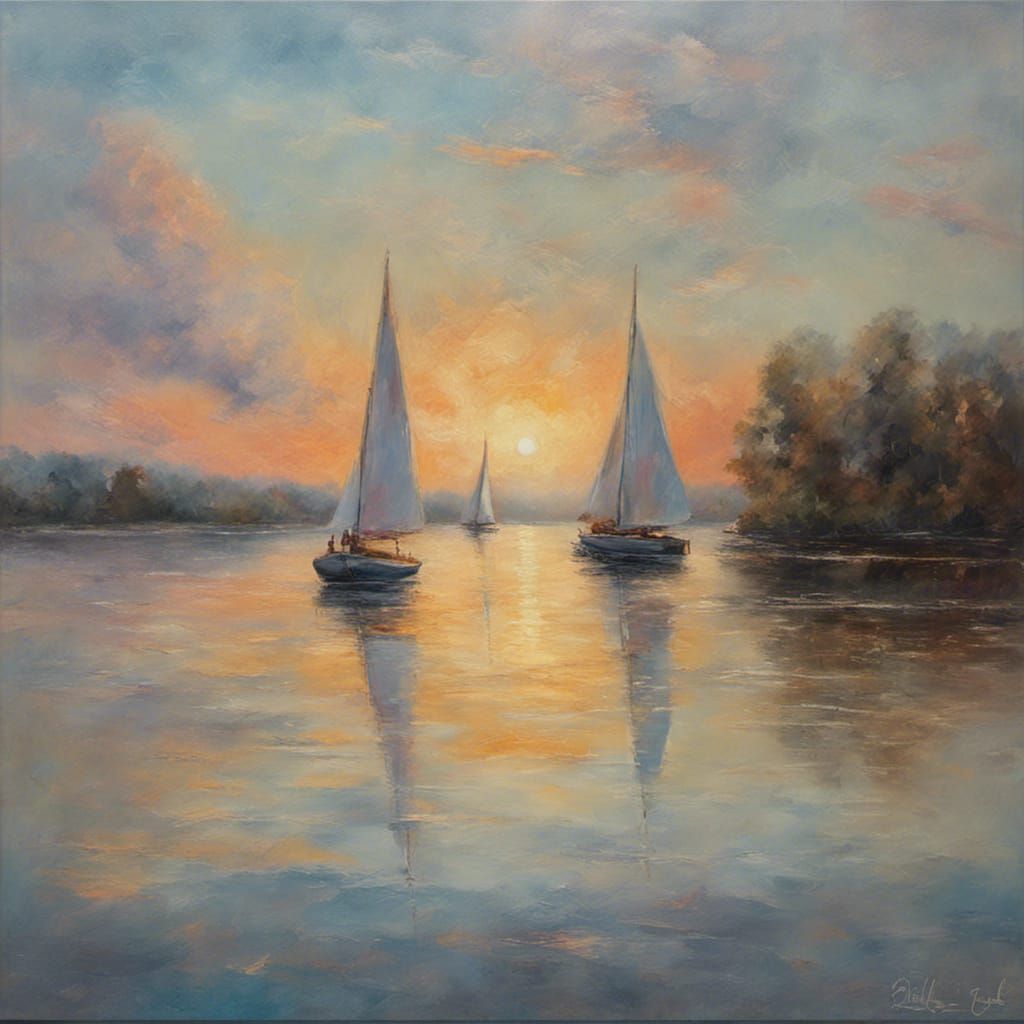 Sailboats on Lake at Sunset in Impressionistic Style