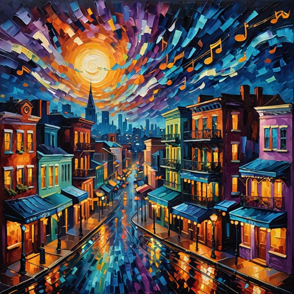 Expressionist New Orleans Nightscape with Musical Notes