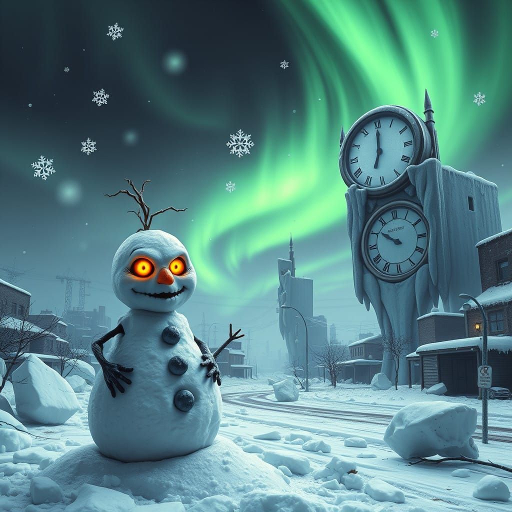 Cyberpunk Winter Cityscape with Unsettling Snowman