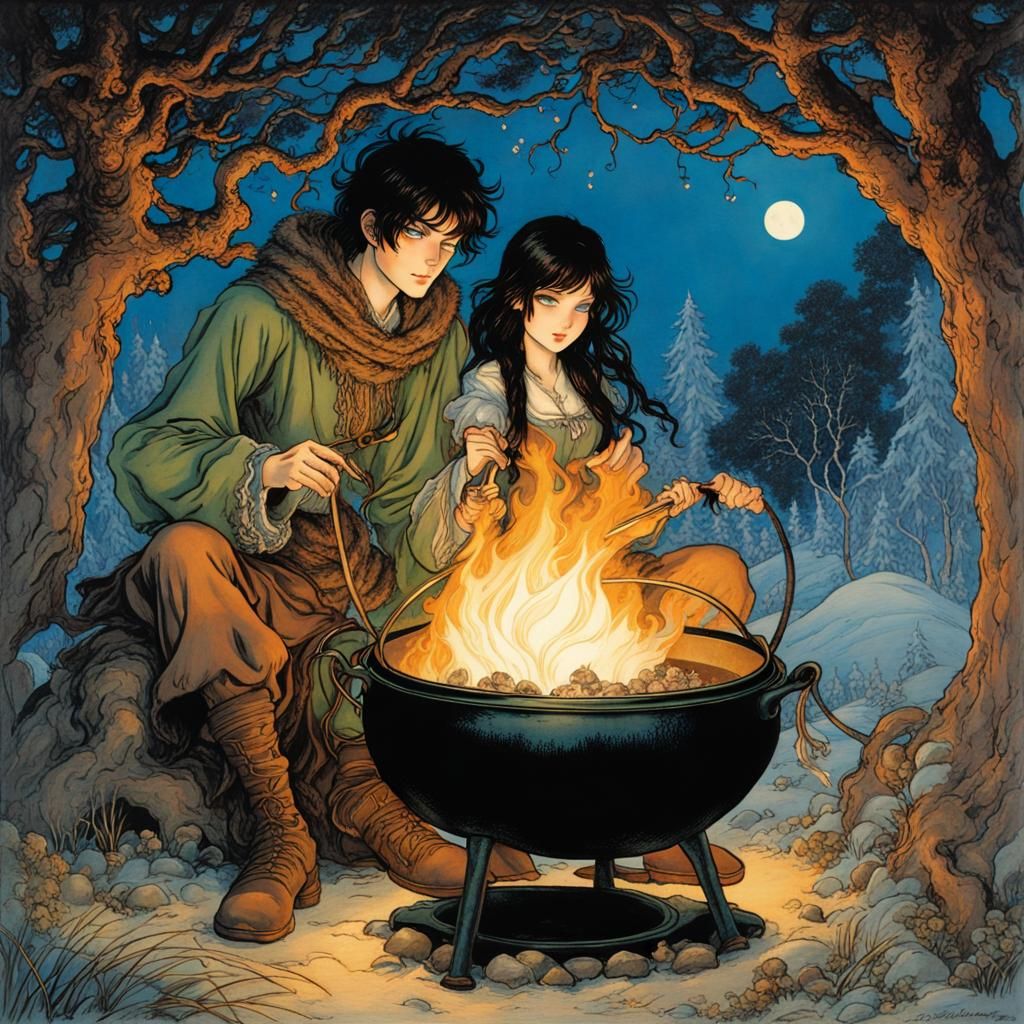 Magical Siblings Brew Spell in Arthur Rackham Style