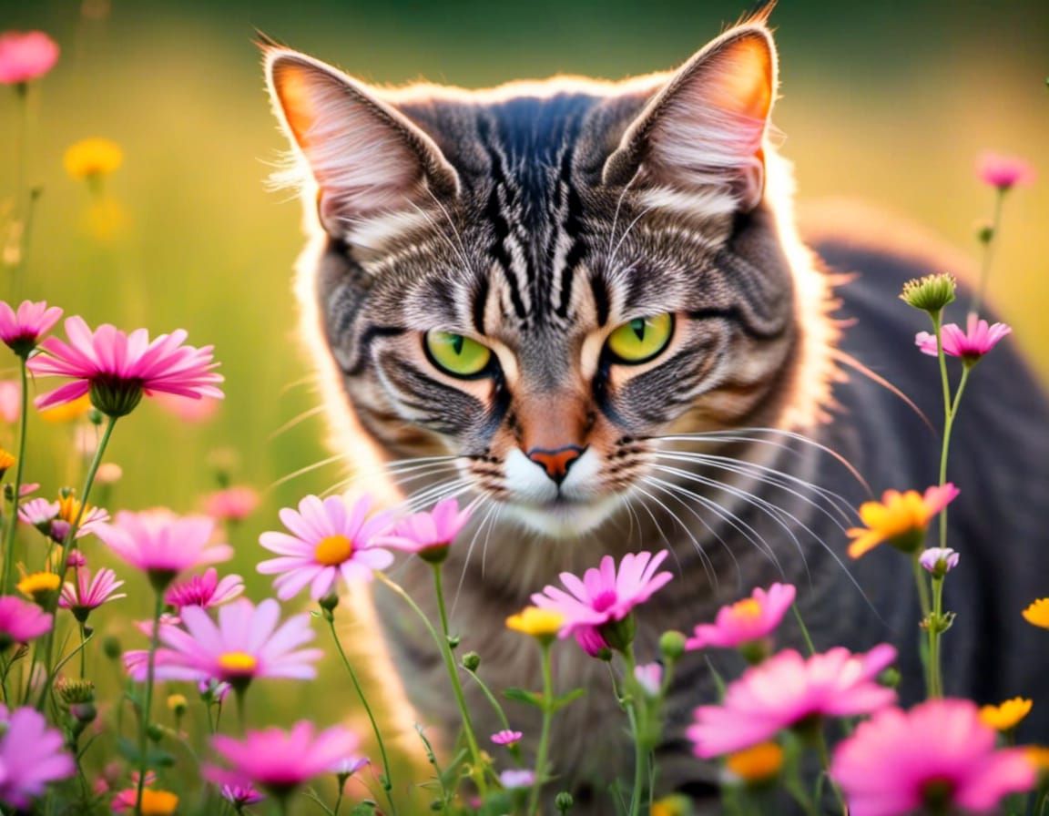 cat sniffing a flower