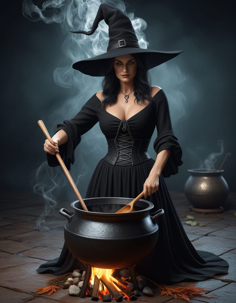 Semi-Clothed Witch Stirring Black Cauldron