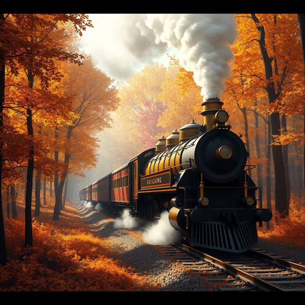 vintage steam train winding through a vibrant autumn forest
