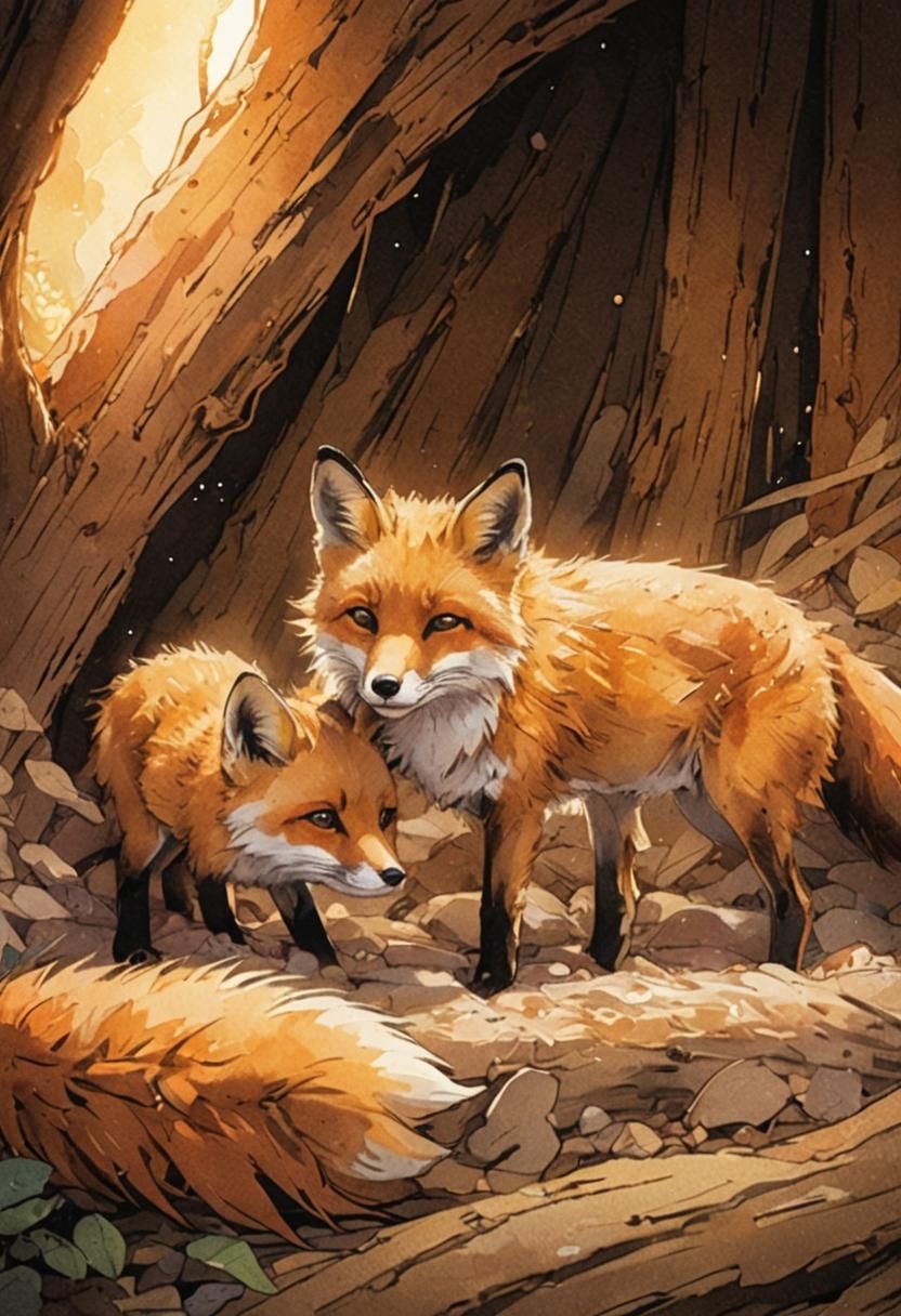 Anime Baby Fox Snuggling with Mom in Den
