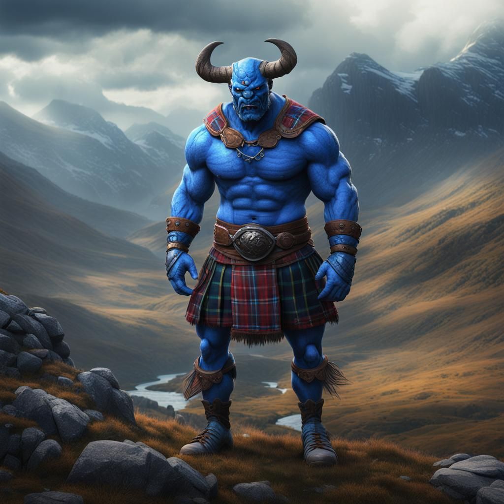 Blue Demon in Kilt, Scottish Highlands, Digital Art