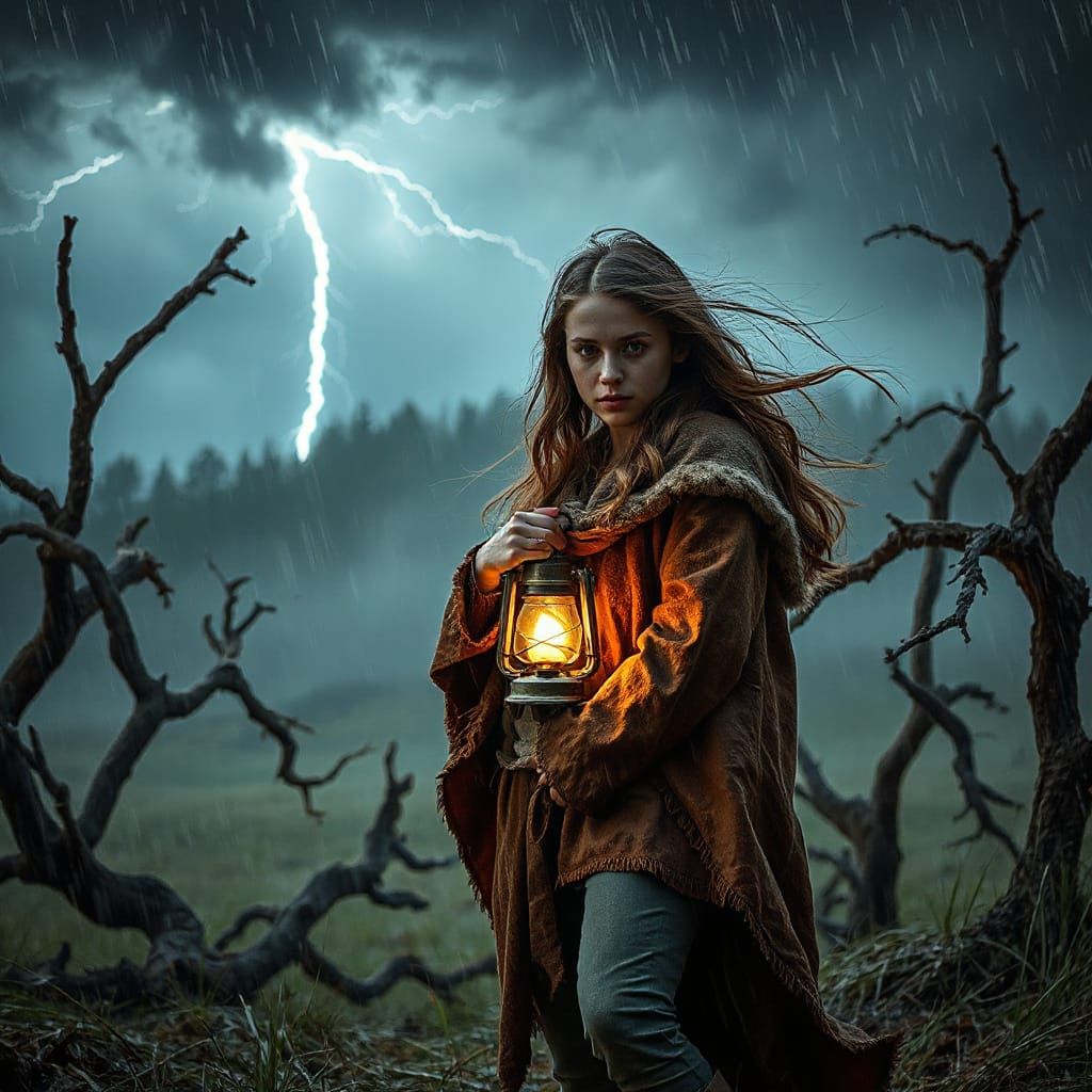 Woman Searches for Lost Horse in Stormy Landscape