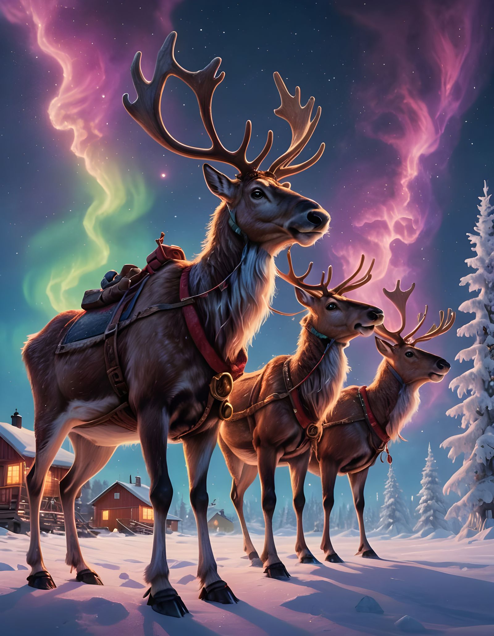 Santa's Reindeer Prepare for Flight: Detailed Matte Painting