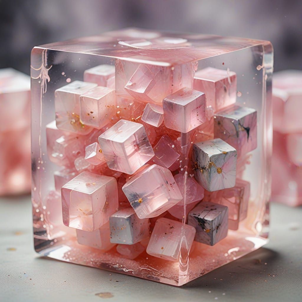 Pink Quartz Cube with Ethereal Aura as Watercolour