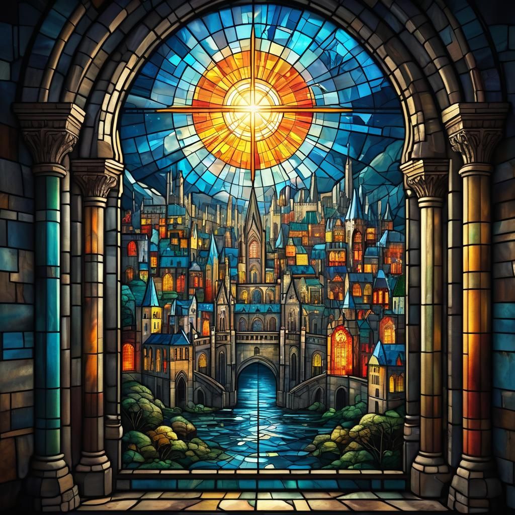 Stained Glass City Bathed in Celestial Light